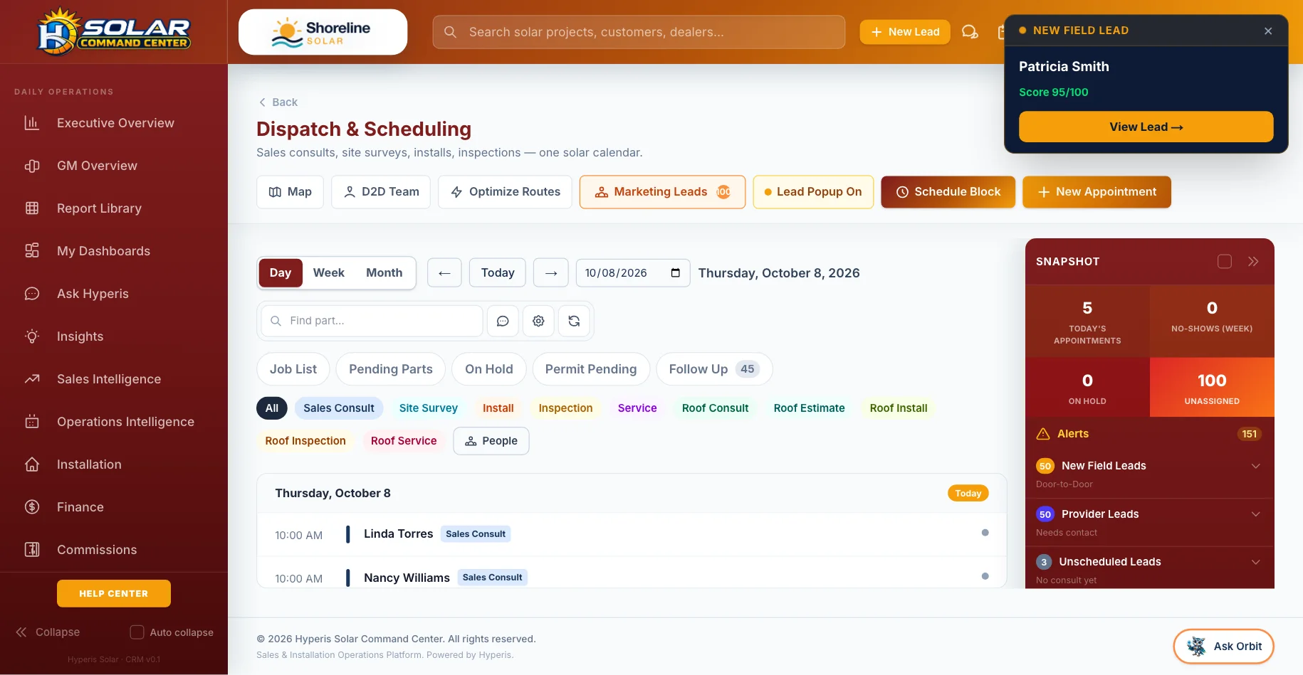 Command Center: Dispatch & scheduling — Consults, surveys, installs and inspections on one calendar